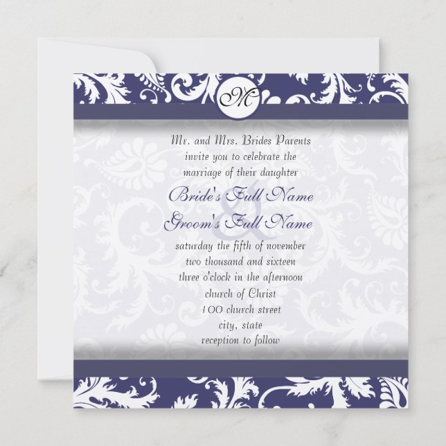 Silver Navy Damask Swirls Wedding Invitation (Back)