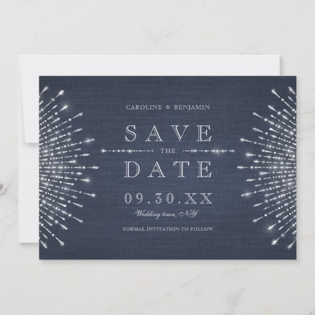 Silver navy deco vintage wedding save the date (Front)