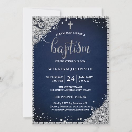 Silver Navy Diamond Lace Cross Baptism Invitation