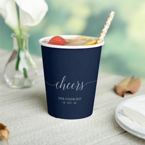 Silver  Navy Elegant Script Cheers Custom Party Paper Cups