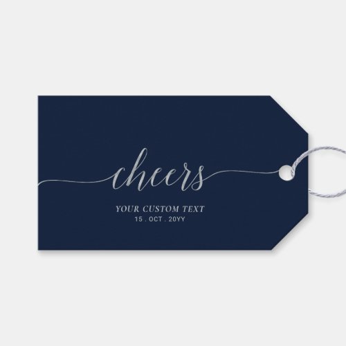 Silver  Navy Elegant Script Cheers Event Party Gift Tags