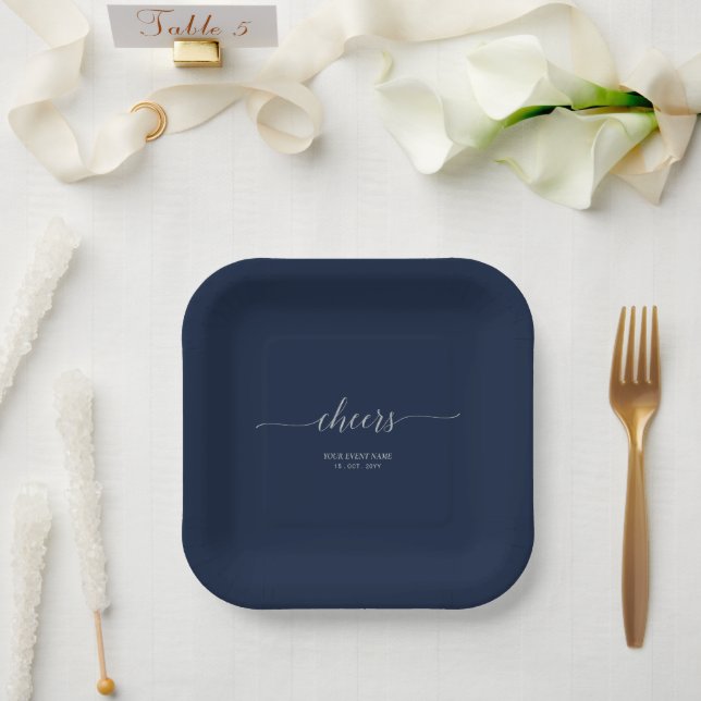 Silver & Navy Elegant Script Cheers Event Party Paper Plates (Wedding)
