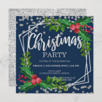 Silver Navy Festive Holly Glitter Christmas Invitation