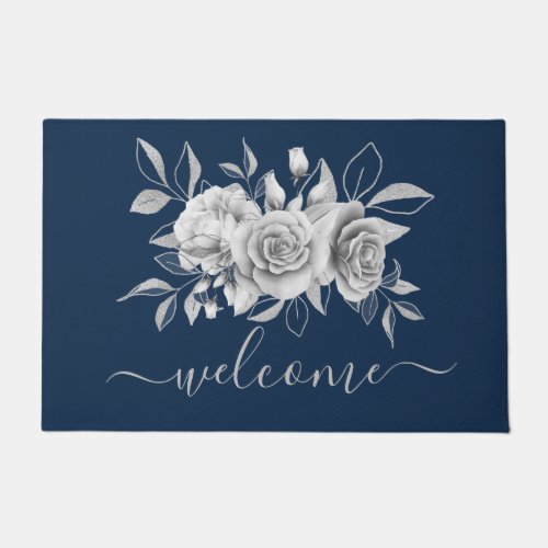 Silver Navy Floral Watercolor Welcome Doormat