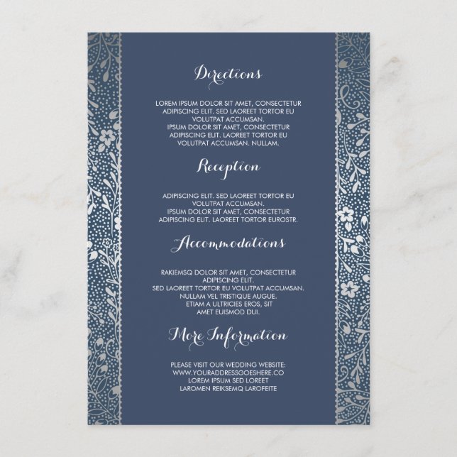 Silver Navy Floral Wedding Details -Information Enclosure Card (Front)
