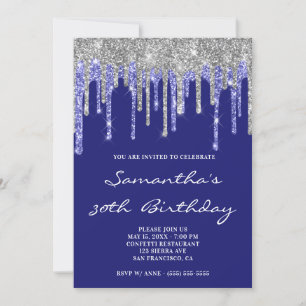 Silver Navy Glitter Drips Midnight Blue Birthday Invitation