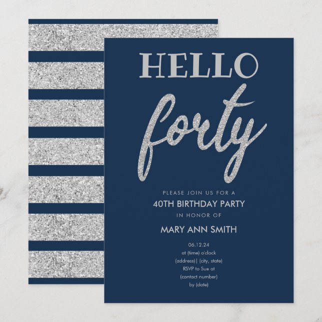 Silver Navy Glitter "Hello Forty" Birthday Party Invitation (Front/Back)