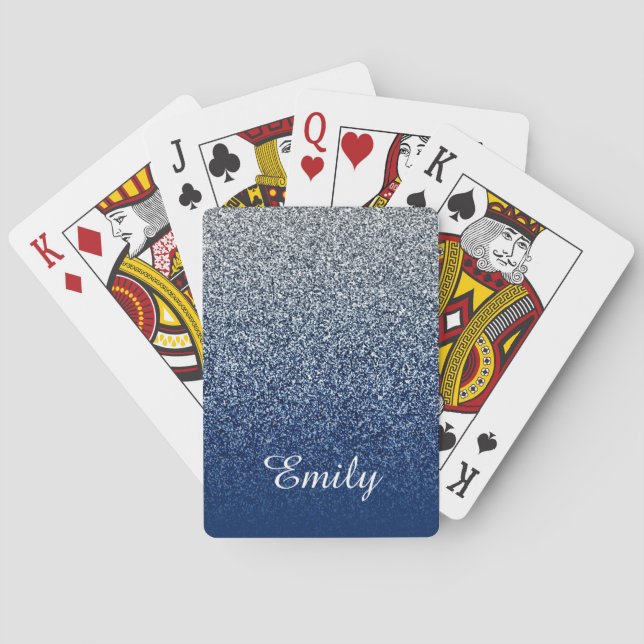Silver Navy Glitter Ombre Personalized Poker Cards (Back)