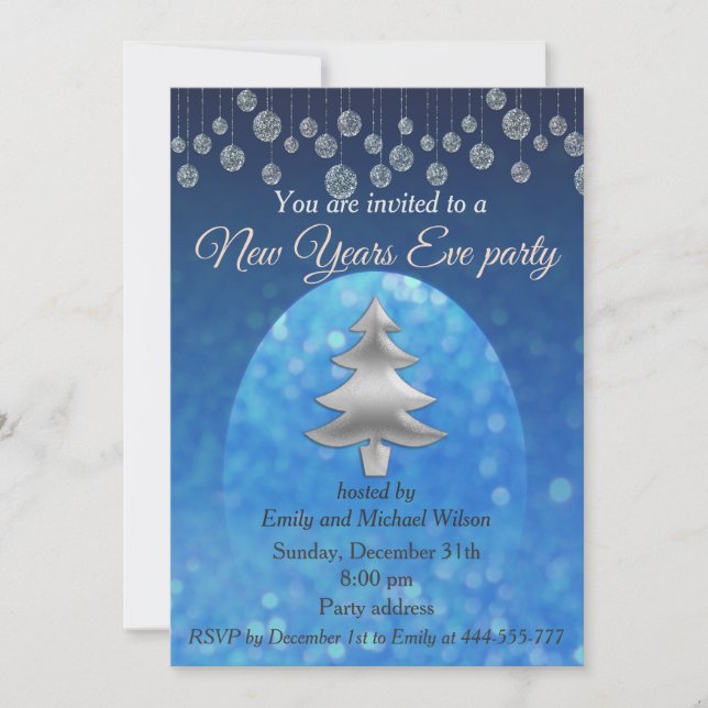 Silver  navy Glittery New Years eve party Invitation (Front)