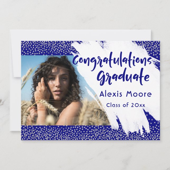 Silver & Navy Graduation Announcement w/ Picture (Front)