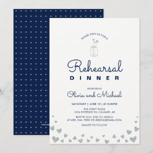 Silver & Navy Hearts Rehearsal Dinner Invitation