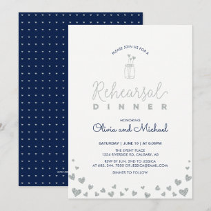 Silver & Navy Hearts Rehearsal Dinner Invitation