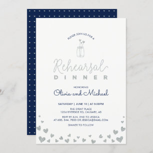 Silver & Navy Hearts Rehearsal Dinner Invitation