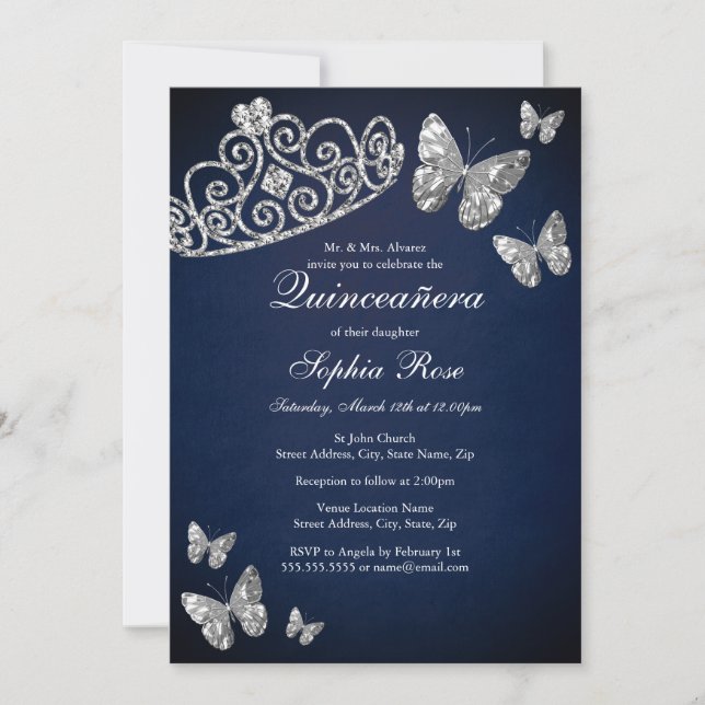 Silver Navy Jewel Tiara Butterfly Quinceanera Invitation (Front)
