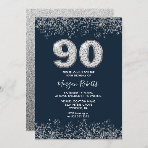 Silver  Navy Mens Womans 90th Birthday Party Invitation