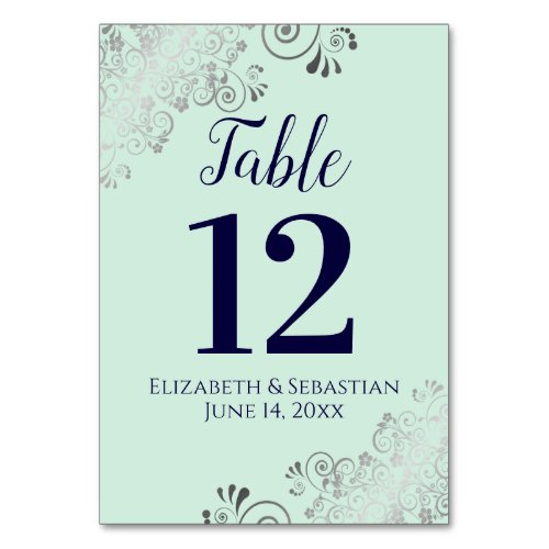 Silver Navy  Mint Green Elegant Frilly Wedding Table Number