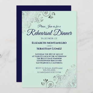 Silver Navy & Mint Green Wedding Rehearsal Dinner Invitation
