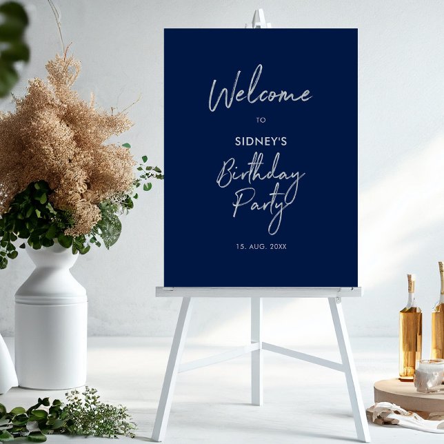 Silver & Navy Modern Birthday Party Welcome Sign (Creator Uploaded)