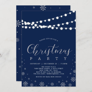 Silver & Navy Modern Snowflakes Christmas Party Invitation