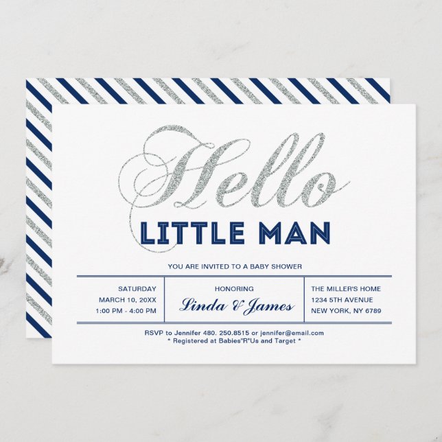 Silver, Navy | Modern Typography Boy Baby Shower Invitation (Front/Back)