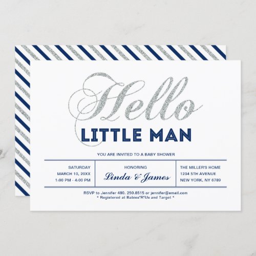 Silver Navy  Modern Typography Boy Baby Shower Invitation