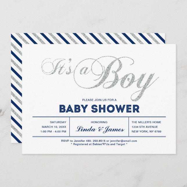 Silver, Navy | Modern Typography Boy Baby Shower Invitation (Front/Back)