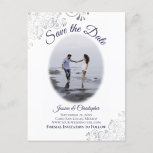 Silver & Navy on White Photo Wedding Save the Date Announcement Postcard
