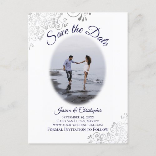 Silver  Navy on White Photo Wedding Save the Date Announcement Postcard