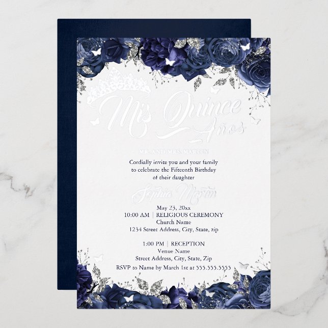 Silver Navy Rose Mis Quince Quinceanera  Foil Invitation (Front/Back)