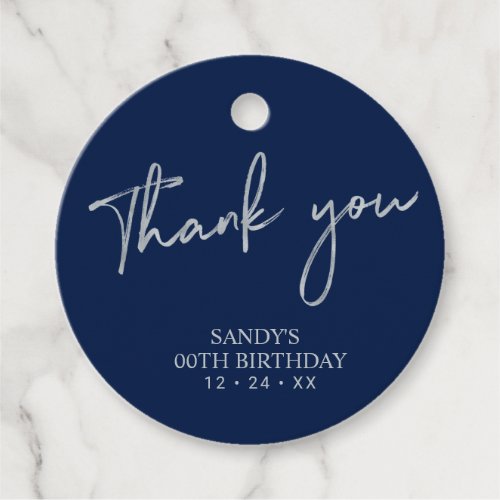 Silver  Navy Script Birthday Party Thank you Favor Tags