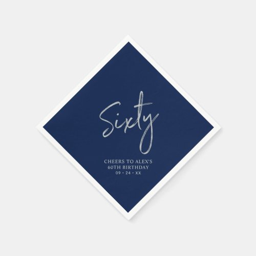 Silver  Navy Sixty Modern 60th Birthday Party Napkins