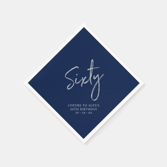 Silver & Navy Sixty Modern 60th Birthday Party Napkins (Corner)