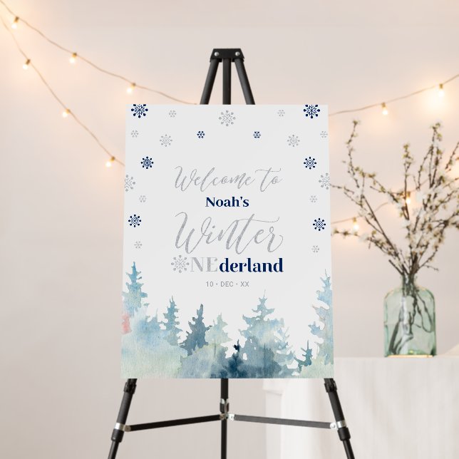 Silver & Navy Snow Winter 1st Birthday Welcome Foam Board (In Situ (Stand))