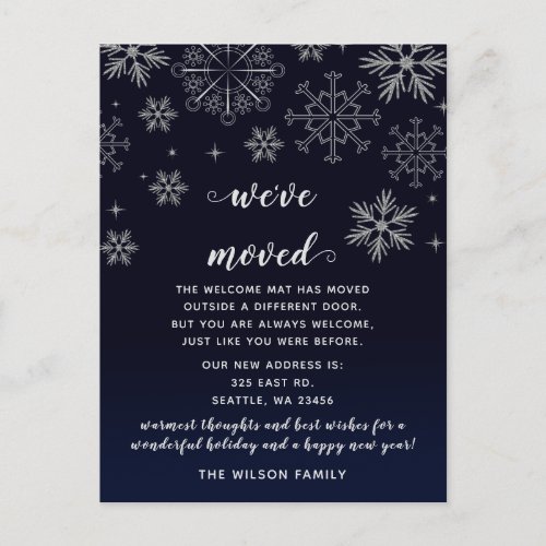 Silver Navy Snowflakes Holiday Moving Announcement Postcard
