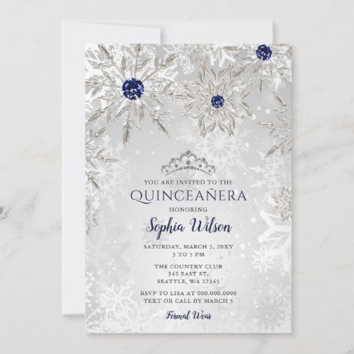 Silver Navy Snowflakes Tiara Quinceaera  Invitation