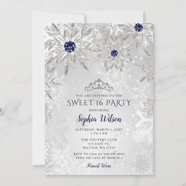 Silver Navy Snowflakes Tiara Sweet 16   Invitation (Front)