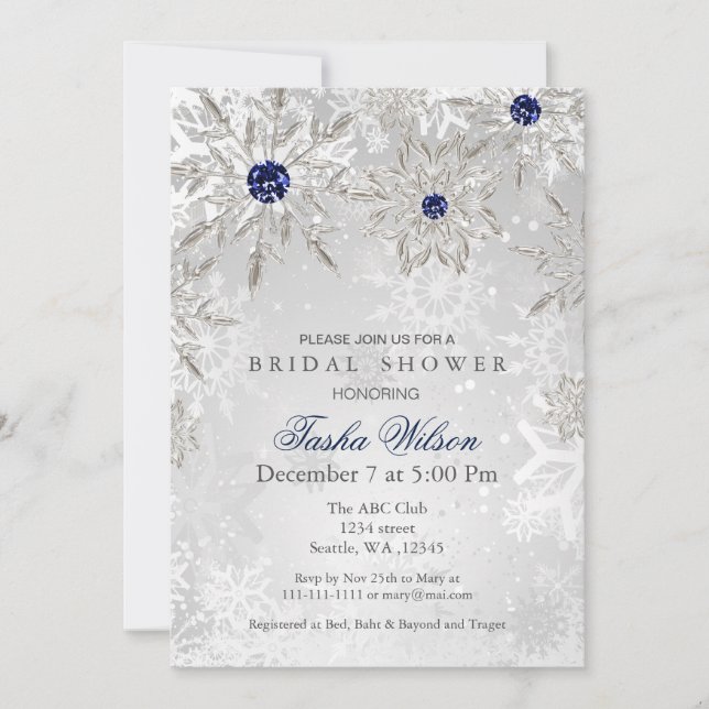 Silver Navy Snowflakes Winter Bridal Shower Invite (Front)