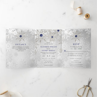 Silver Navy Snowflakes Winter Christmas Wedding Tri-Fold Invitation