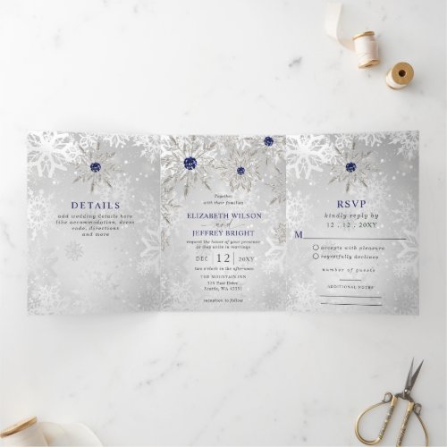 Silver Navy Snowflakes Winter Christmas Wedding Tri-Fold Invitation
