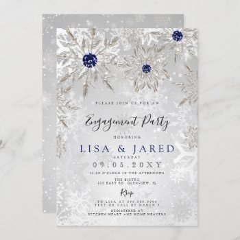 Silver Navy Snowflakes Winter Engagement Party  Invitation by Invitationboutique at Zazzle
