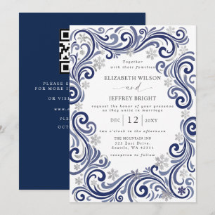 Silver Navy Snowflakes Winter QR Code Wedding Invitation