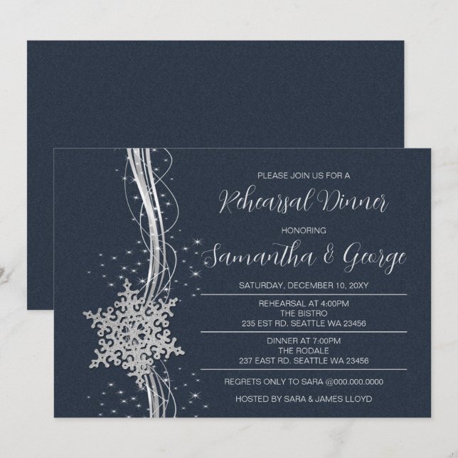 Silver Navy Snowflakes Winter Rehearsal Dinner  Invitation (Front/Back)