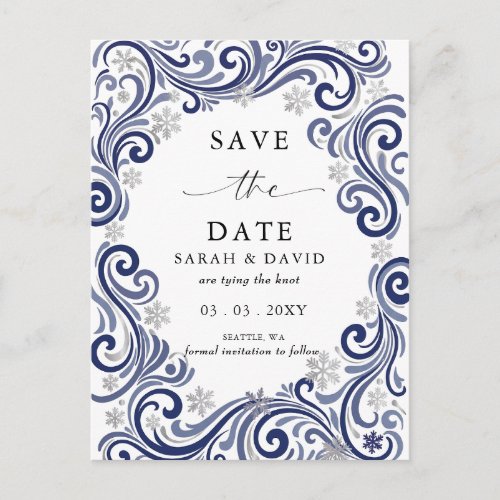 Silver Navy Snowflakes Winter Wedding  Announcement Postcard