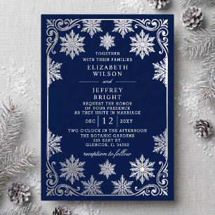 Silver Navy Snowflakes Winter Wedding Foil Invitation