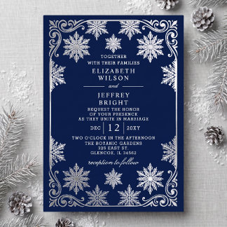 Silver Navy Snowflakes Winter Wedding Foil Invitation