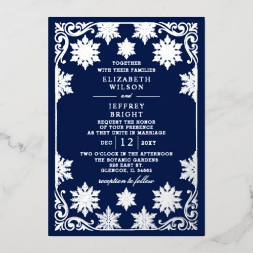 Silver Navy Snowflakes Winter Wedding Foil Invitation