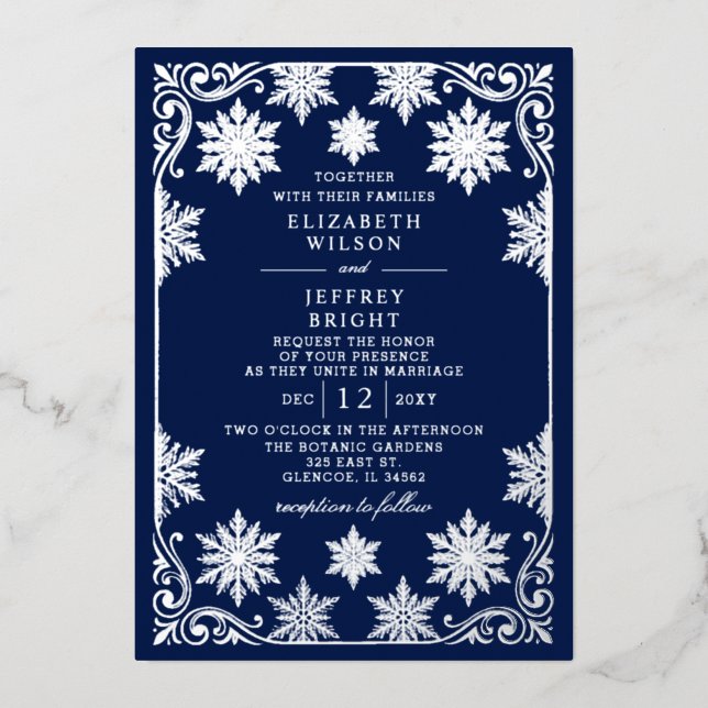 Silver Navy Snowflakes Winter Wedding Foil Invitation (Front)