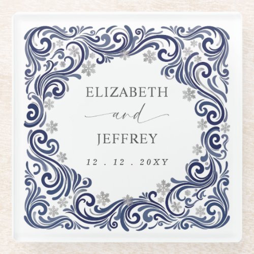 Silver Navy Snowflakes Winter Wedding Glass Coaster