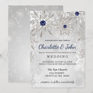 silver navy snowflakes winter wedding invitation