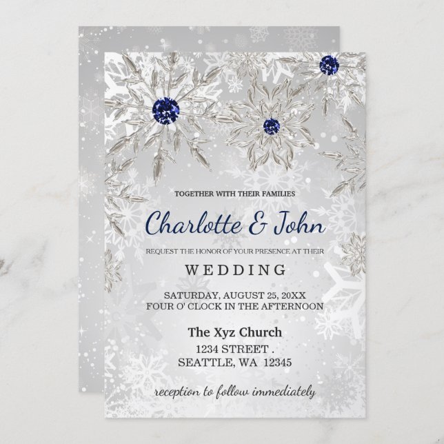 silver navy snowflakes winter wedding invitation (Front/Back)